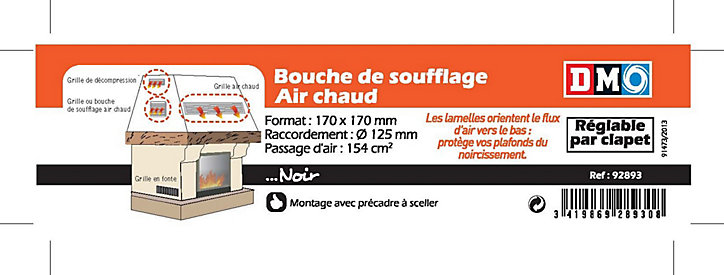 Bouche de soufflage d'air chaud noir à clapet 170 x 170 mm DMO