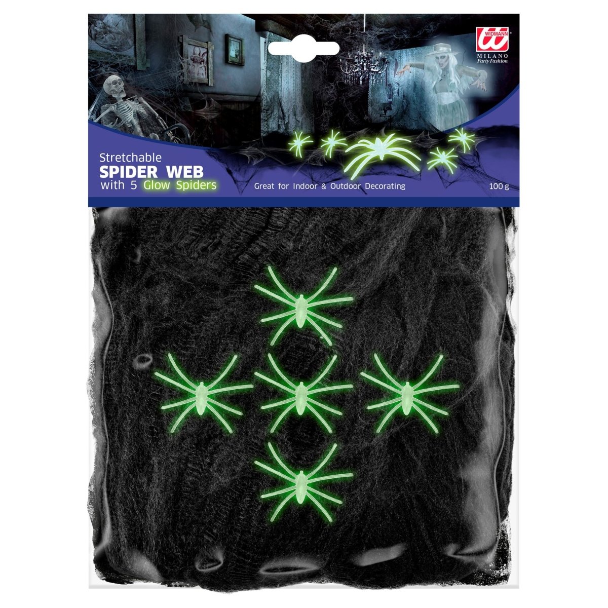 Halloween Spinnenweb Zwart Met 5 Spinnen 100gr