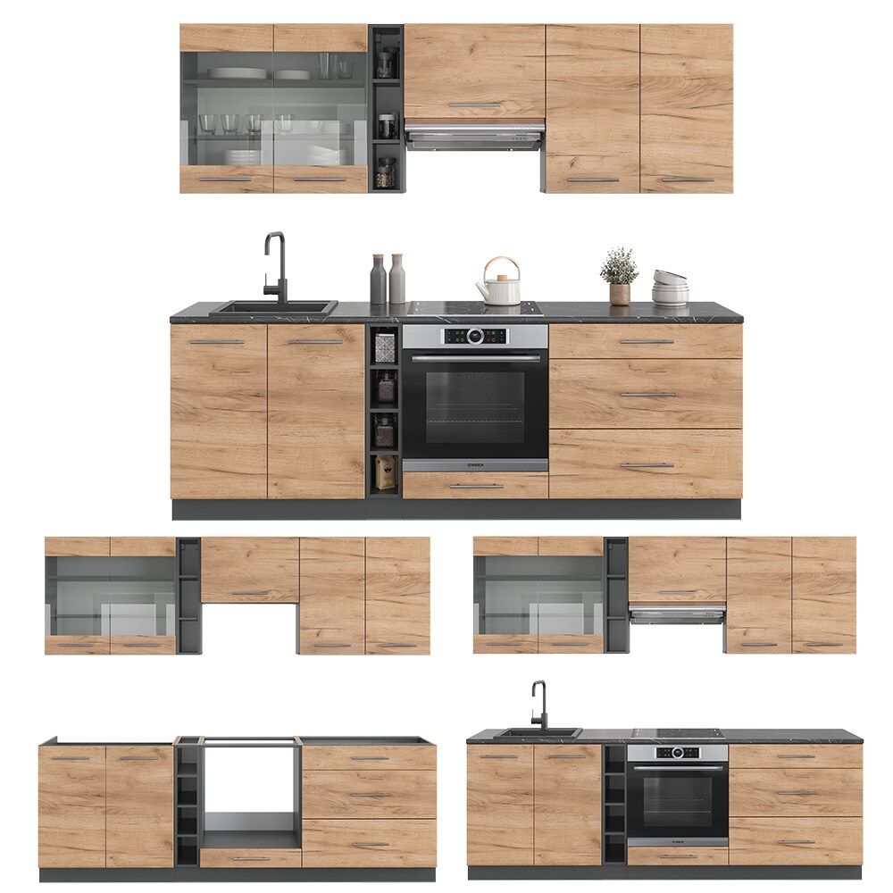 Vicco Küchenzeile Küchenblock Einbauküche Fame-Line Anthrazit Eiche Goldkraft 235 cm modern Küchen Schränke Hängeglasschrank Hängeschrank Schubladenunterschrank Spülenunterschrank Herdumbauschrank