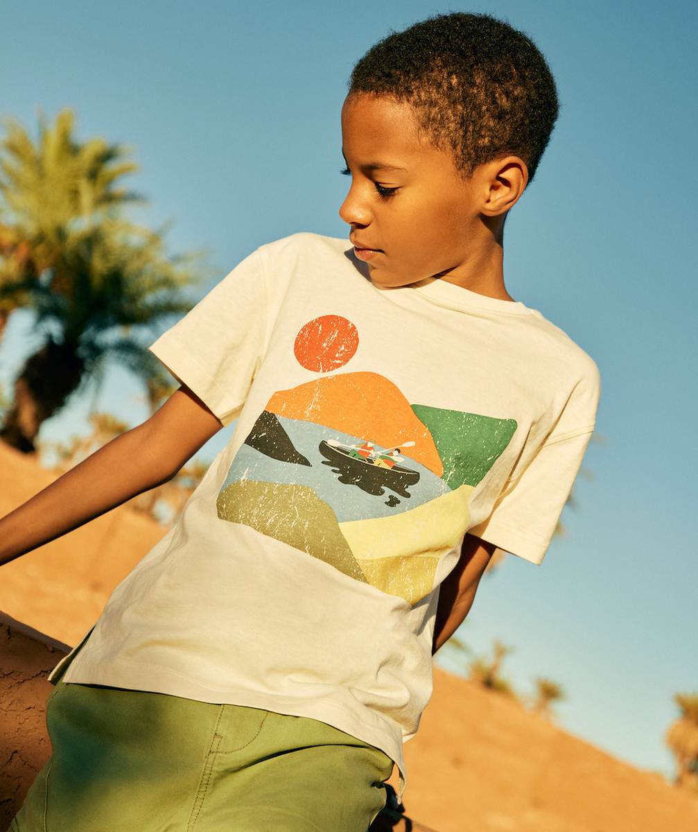 t-shirt manches courtes garçon en coton bio écru thème canoë