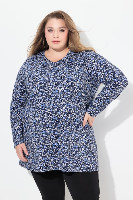 Longshirt, gemustert, A-Linie, V-Ausschnitt, Langarm