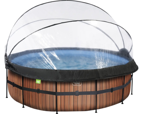 EXIT WoodPool ronde opzetzwembadset Ø 427x122 cm inclusief zandfiltersysteem, afdekking & ladder, houtlook