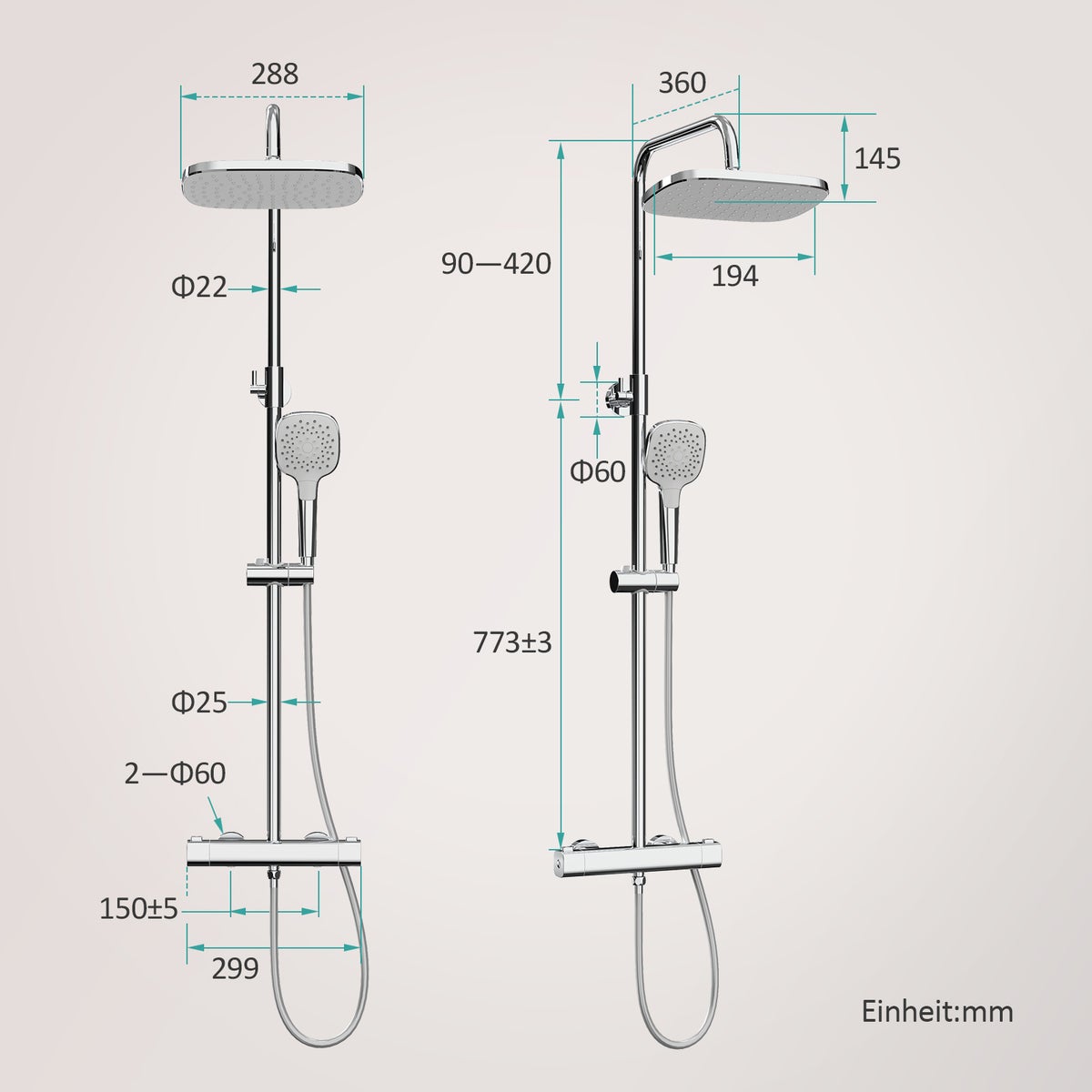 EMKE Douchesysteem Doucheset met thermostatische regendouche en 3 straalsoorten Handdouche, 38°C Thermostatische douchekolomset Doucheset, KTW-gecertificeerd Douchesysteemset, Vierkant, Chroom