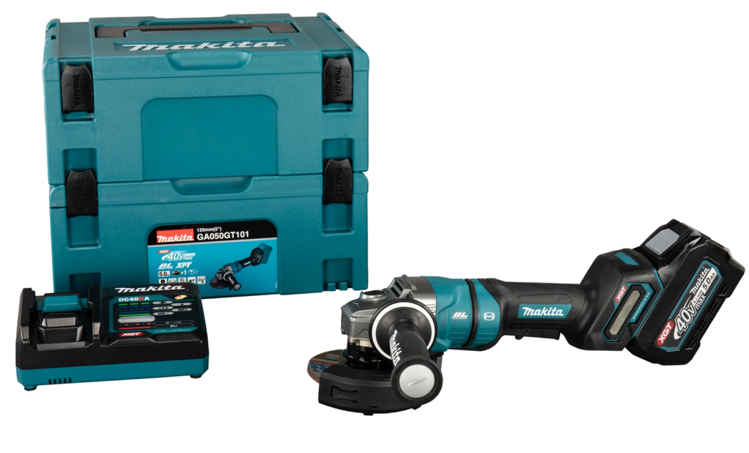 Makita GA050GT101 XGT 40V Accu Haakse Slijper Set in Mbox - 125mm - Veiligheidsschakelaar