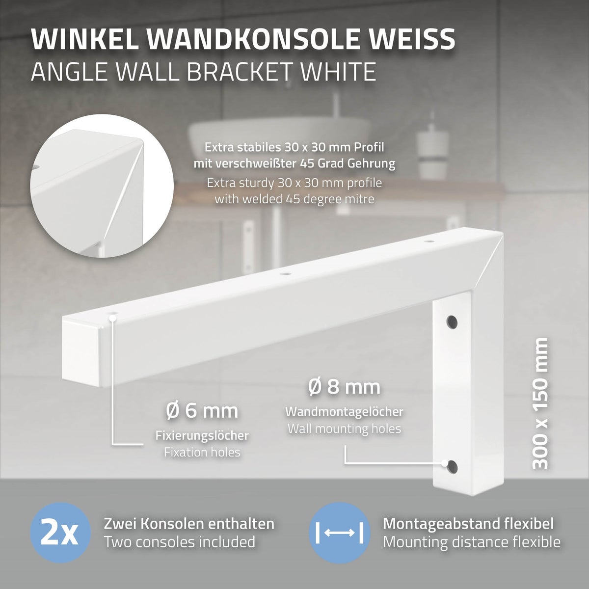 ML-Design 2-delige set L-vormige wandconsoles voor wastafels, 300x150 mm, wit, staal, design wastafelconsole, wandbevestiging voor wastafelblad, planchetconsole, planchethouder