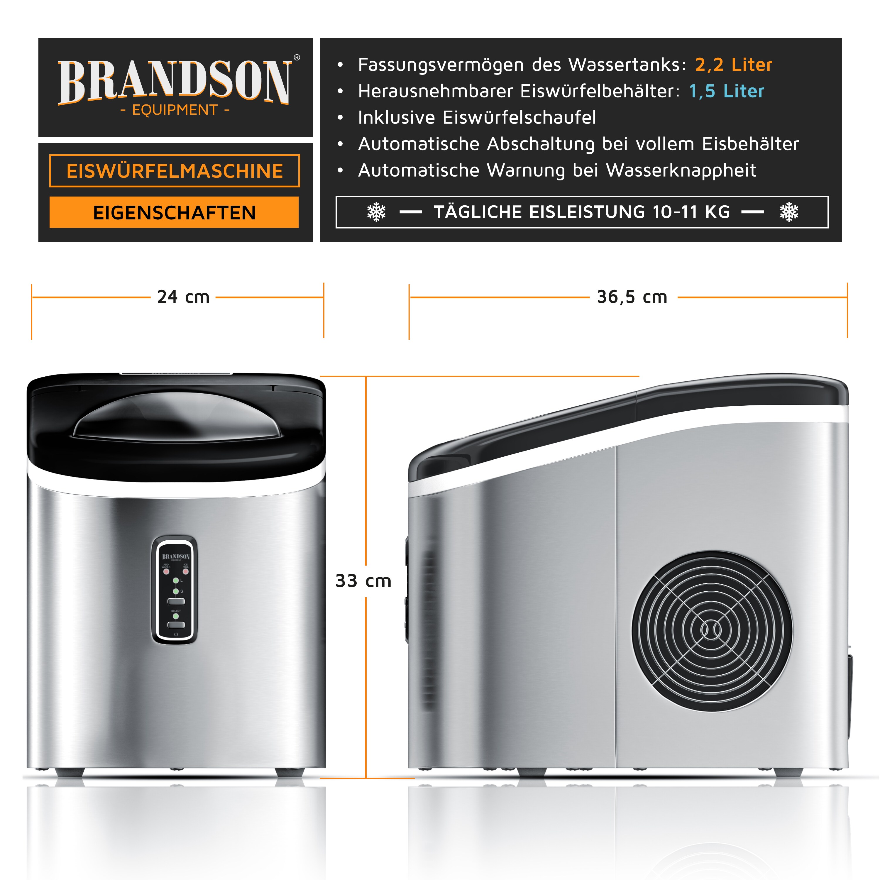 Brandson Eiswürfelbereiter 100 Watt, Ice Cube Maker, Eiswürfelmaschine, Wassertank 2,2 Liter, 11 kg / 24 h, Silber/Schwarz