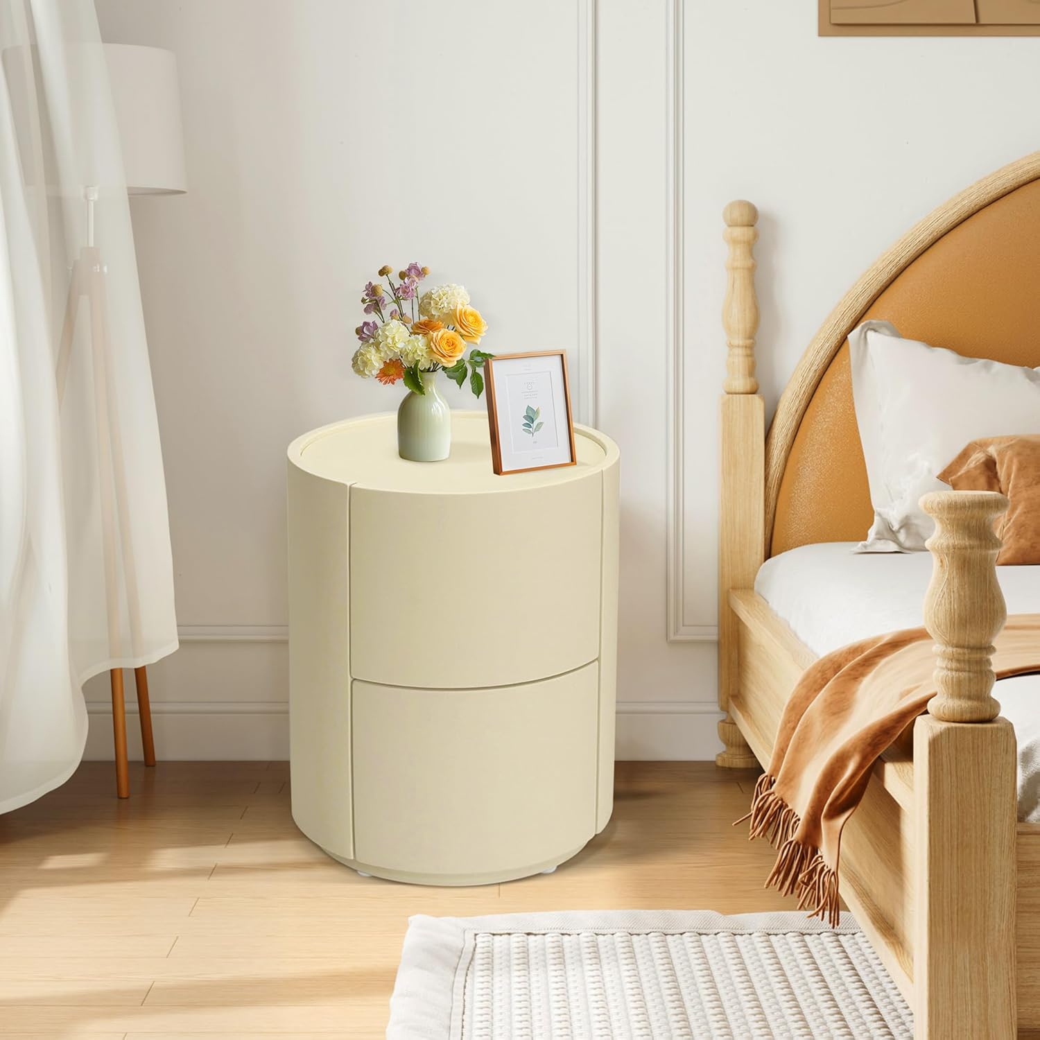 Nachttisch Rund mit 2 Schubladen, 40 cm breit, Moderner Leder-Nachttische, Nachtschrank aus Holz mit Stauraum, für Schlafzimmer Wohnzimmer, Beige