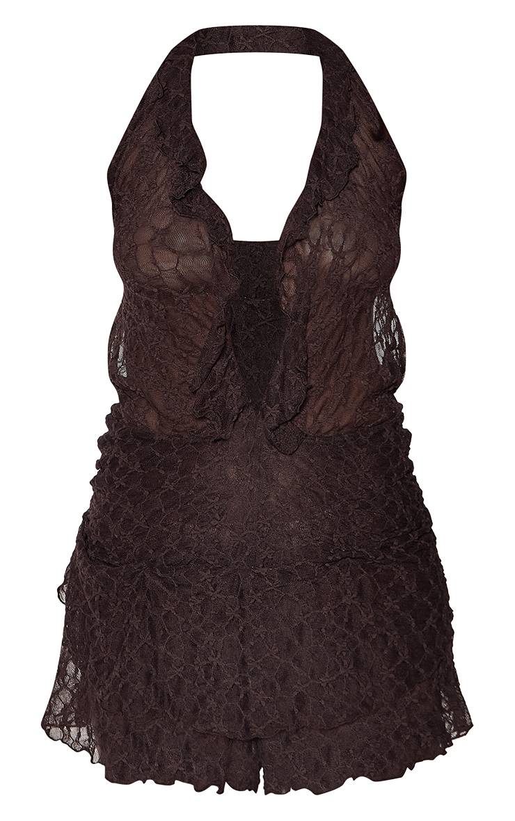 Chocolat Combi-short Plongeant En Dentelle Texturée À Volants