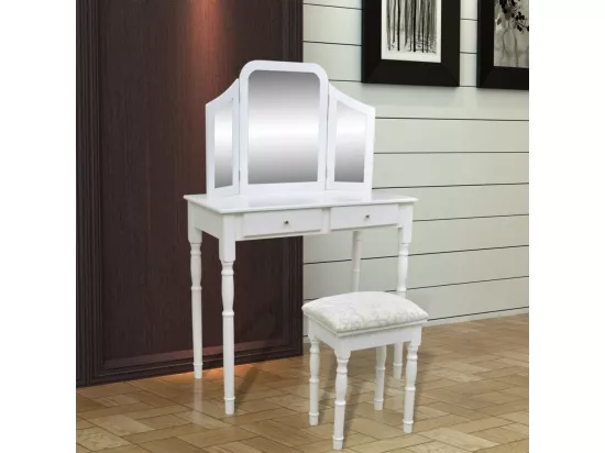 Coiffeuse avec miroir et tabouret 2 tiroirs Blanc