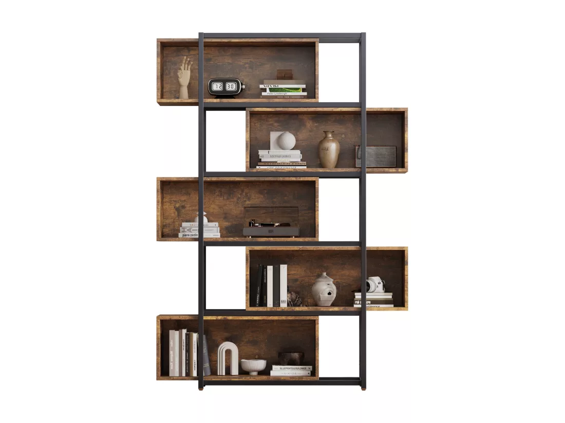 Bibliothèque à 5 niveaux avec étagères - 121 x 35 x 176 cm - Bois MDF et tube acier - Marron