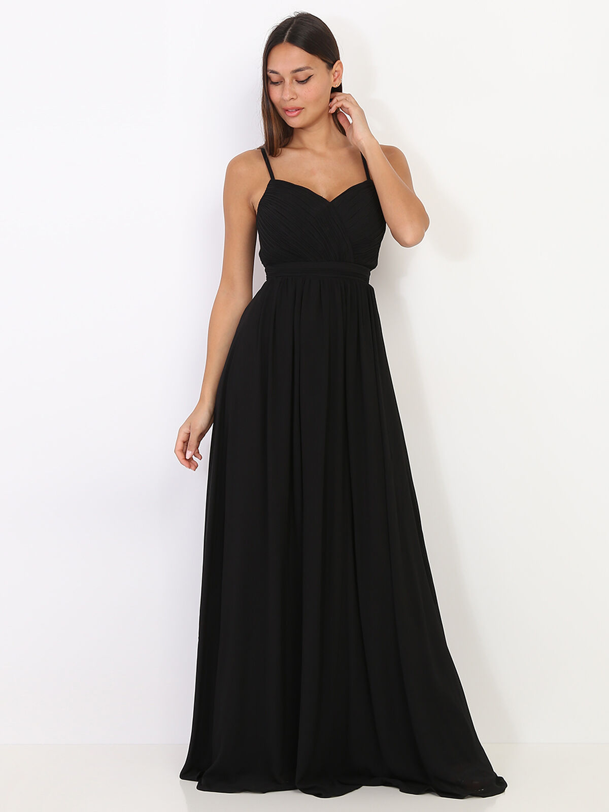 Robe longue à décolleté drapé- Noir