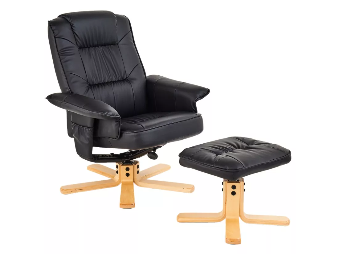 Fauteuil de relaxation CHARLY avec repose-pieds pouf siège pivotant dossier inclinable assise rembourrée relax, en synthétique noir