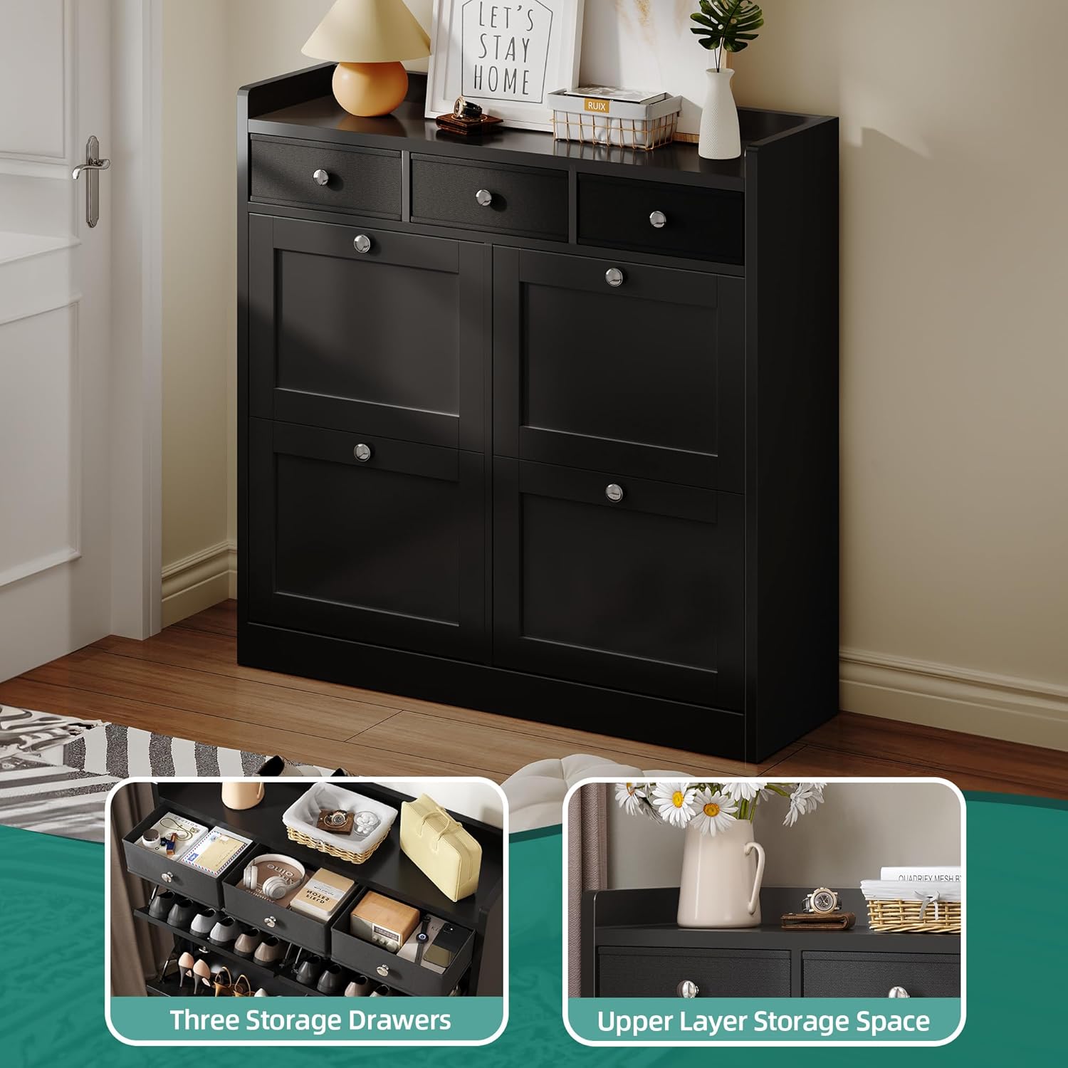 YITAHOME Schuhschrank, Schuhregal Schuhkipper Schmal, Schuhschrank schwarz mit 4 Klappen, Shoe Cabinet Schuhkommode schuhschrank mit Schublade für Eingangsbereich, Flur (schwarz)