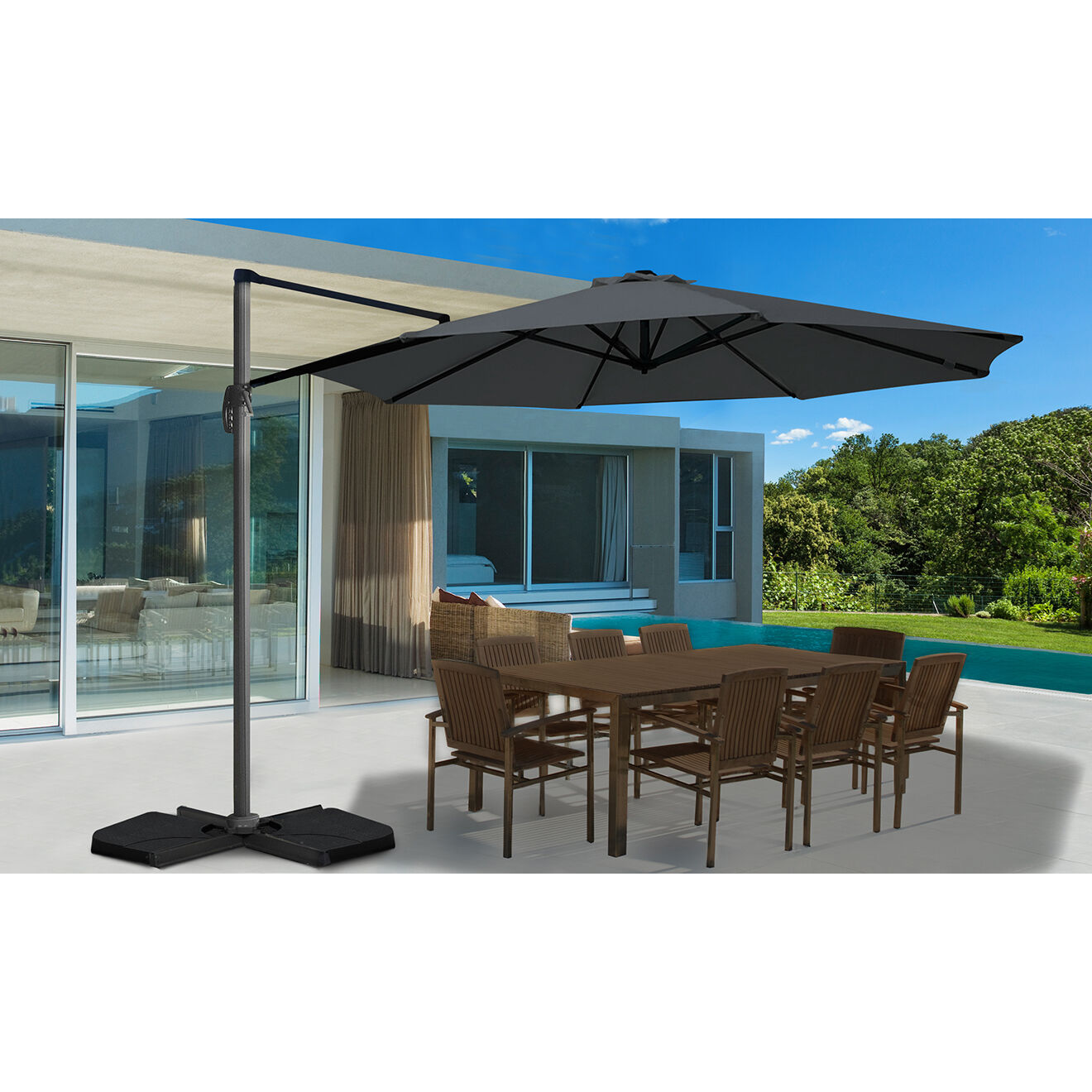 Inkazen Parasol 360° rond avec housse gris - 300x300x255 cm