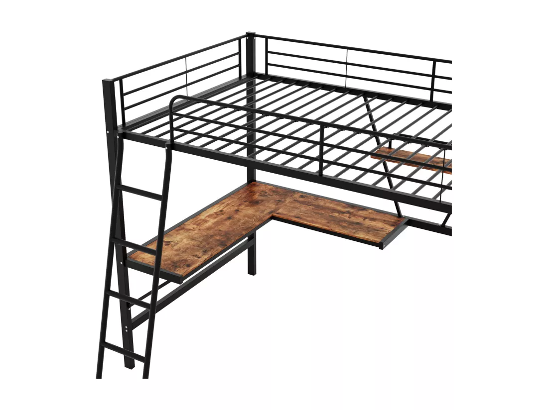 Lit mezzanine 90x200cm, cadre en métal, lit surélevé avec échelle, bureau en forme de L et 1 étagère pour enfants, adolescents, noir