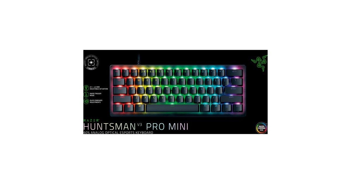 RazerHuntsman V3 Pro mini, gaming toetsenbord  (Zwart, US lay-out, Razer Analog Optical Gen 2, RGB leds, 60%, PBT double-shot)