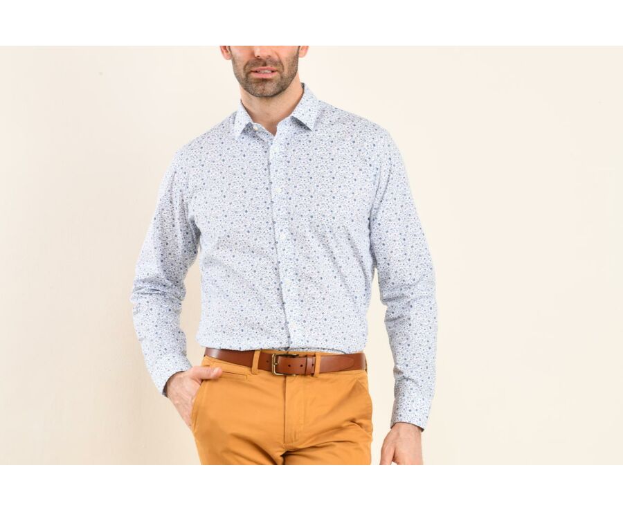 Chemise imprimée blanche à fleurs bleues - Col français - FIDÉLIAS