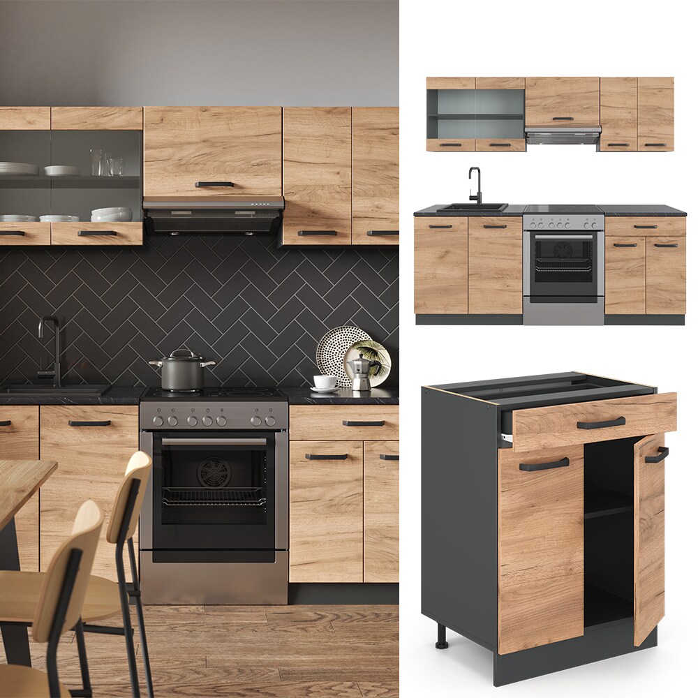 Vicco KÜCHE R-LINE 200CM KÜCHENZEILE KÜCHENBLOCK EINBAU Anthrazit Eiche