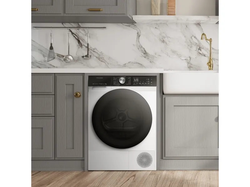Hisense Tørretumbler - DH5S102BW BK070, Fritstående, Front-læsning, Varmepumpe, Hvid, Knapper, Dreje, Berøring, Venstre/højre