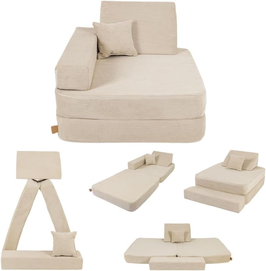Angelove Kindersessel 3‑in‑1 - Faltbare Kindercouch & Spielmatratze aus Cord, Bequemer Spielsofa‑Sessel ab 1 Jahr, Beige