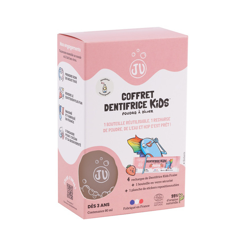 Coffret dentifrice en poudre Fraise 4 recharges + 1 flacon + stickers