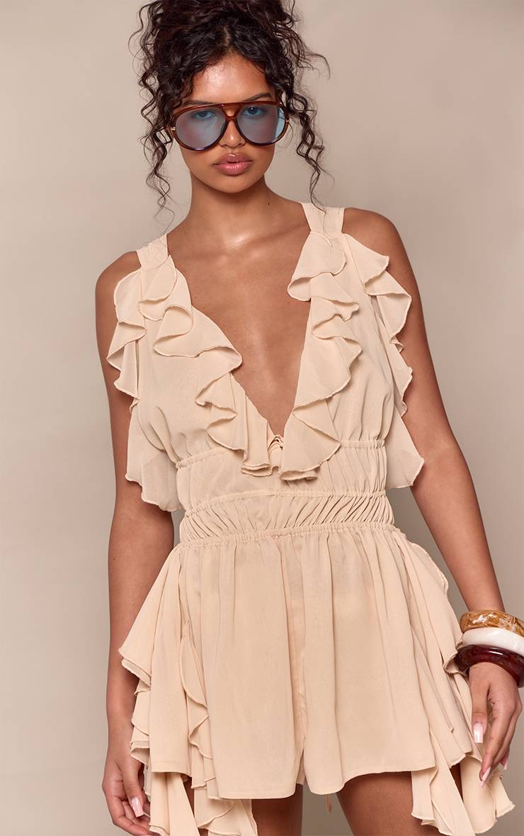Amande Combi-short En Mousseline À Décolleté Plongeant Avec Détails À Volants