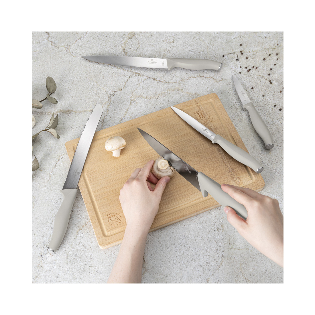 Berlinger Haus 6-teiliges Messer-Set mit Bambus Schneidebrett matt cream Sahara Collection