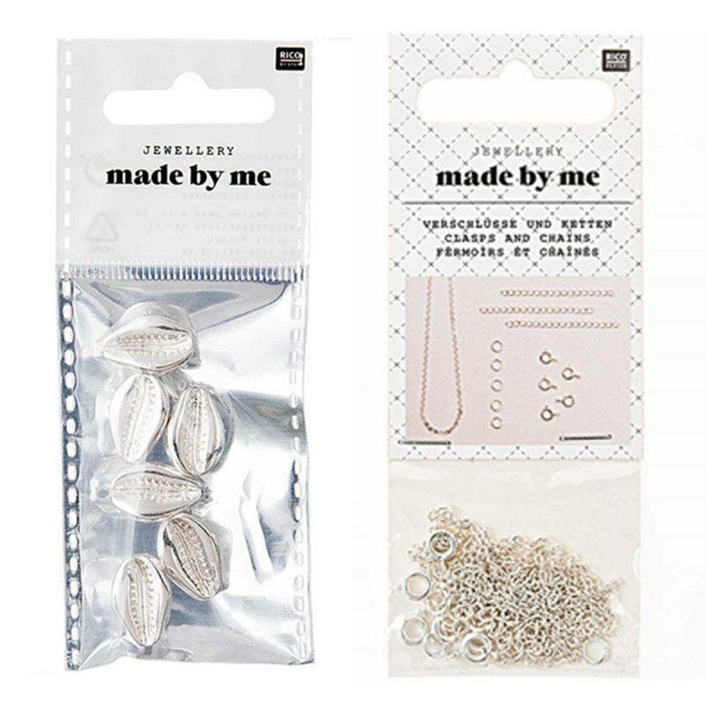 6 perles coquillages + fermoirs fins et chaînes argentés