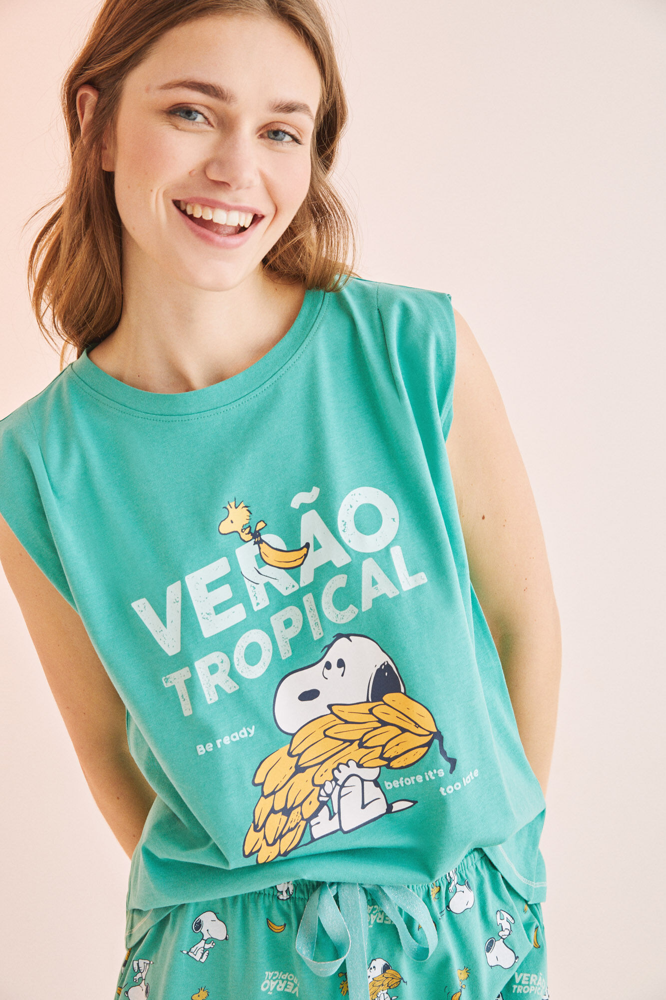 Pijama curto Snoopy Melancia com alças, 100% algodão - Verde