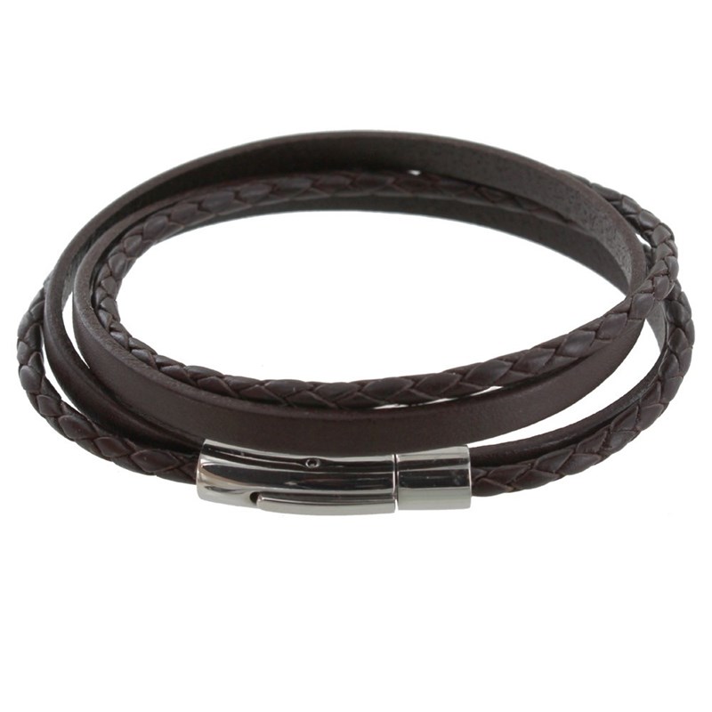 Bracelet Homme Cuir Deux Liens Plat et Tréssé Rond - Classics - Marron foncé