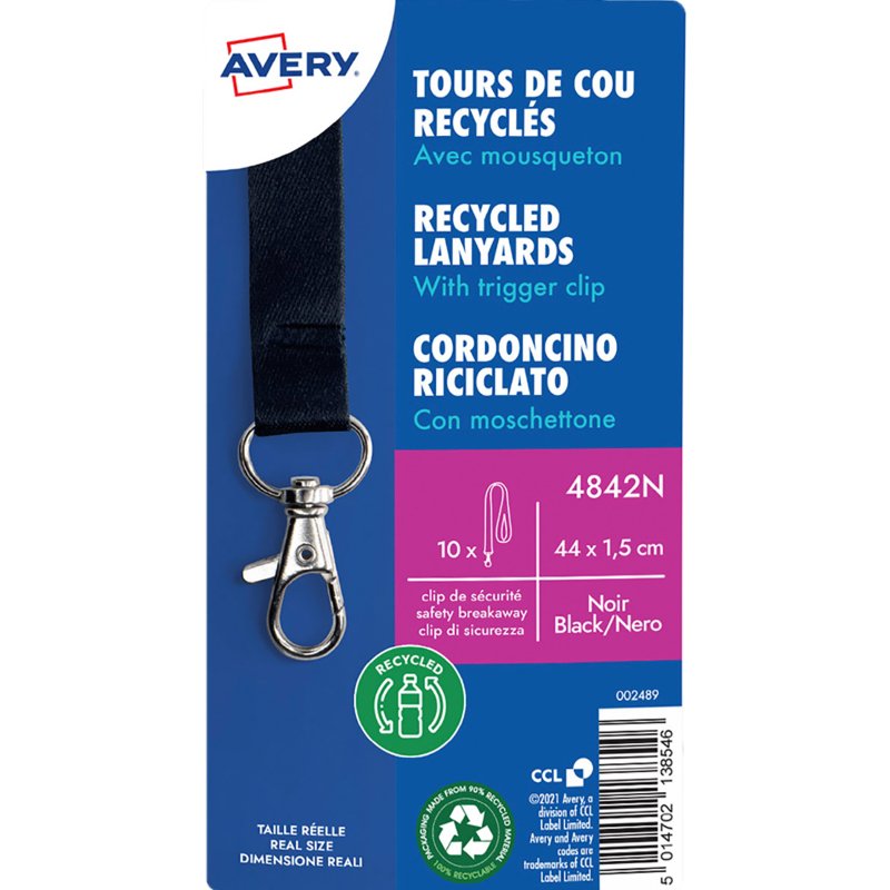 Tour de cou polyester noir recyclé pour badge avec mousqueton - pochette de 10