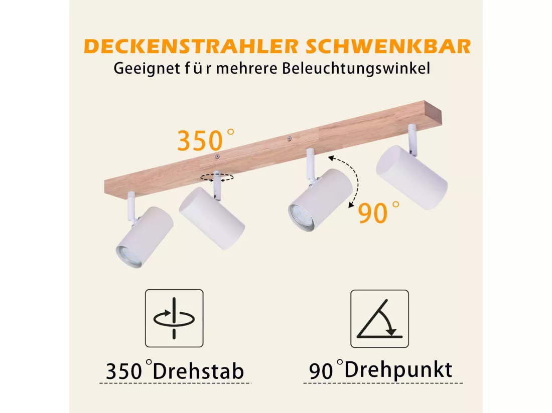 NETTLIFE Spot de Plafond 4 Ampoules Plafonnier en Bois Blanc GU10 Vintage Pivotant 350°