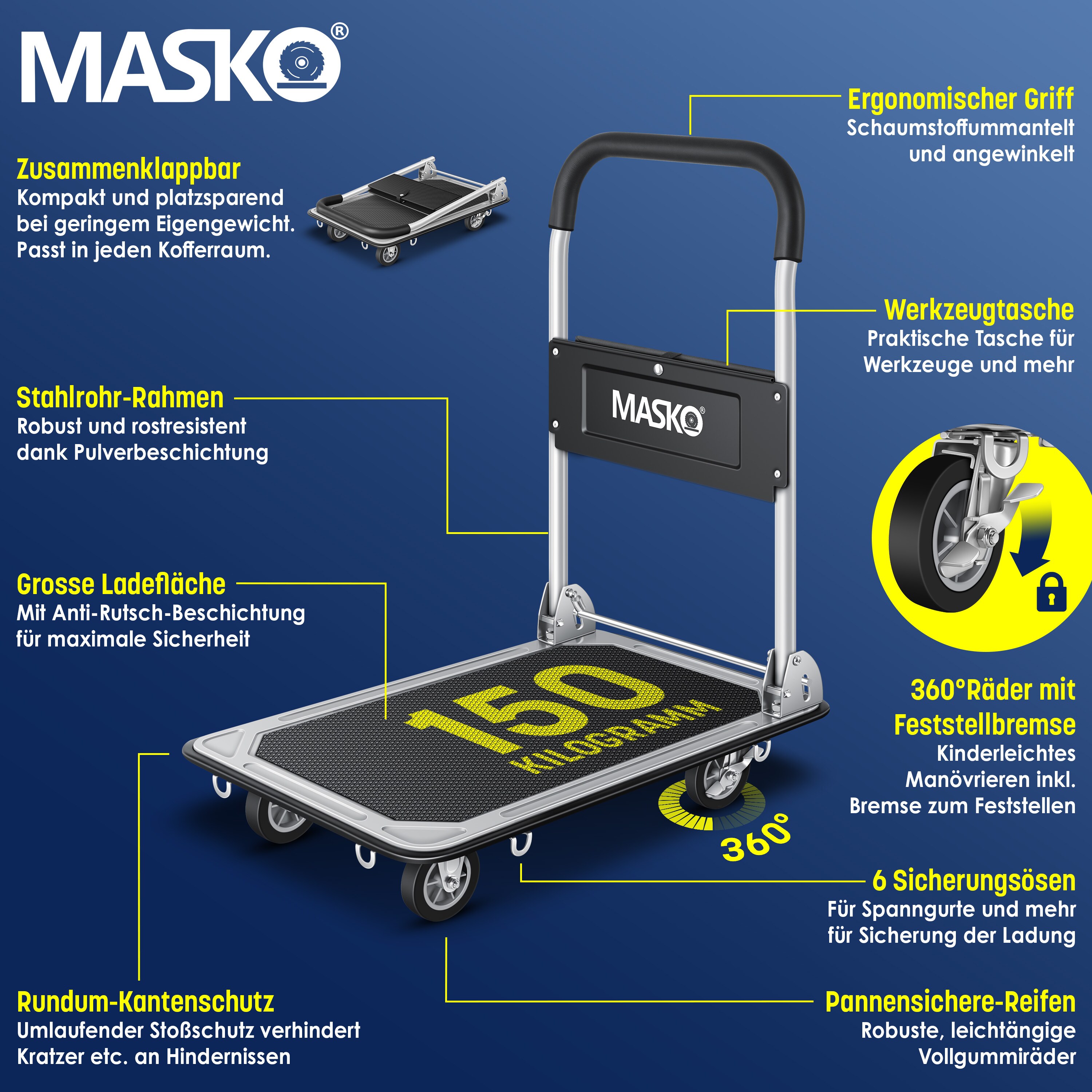 MASKO® Plattformwagen Transportwagen Lagerwagen Klappbar Inkl. Arbeitshandschuhe | Feststellbremse Transporthilfe | Mit 6 Sicherungsösen | 360° Lenkrollen | Paketwagen Klappwagen