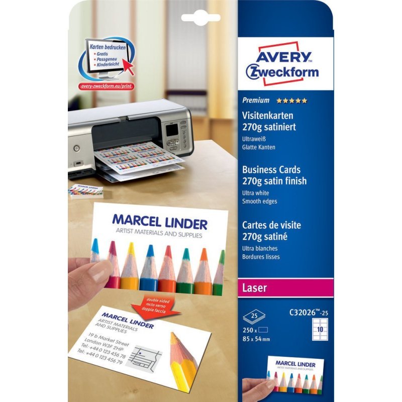 Cartes de visite Quick&Clean, 270 g/m2, satin blanc