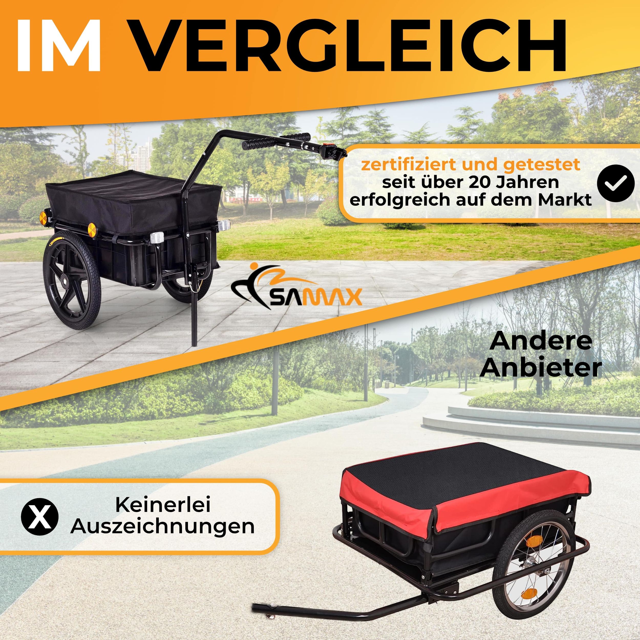 SAMAX Lastenanhänger / Fahrradanhänger für 60 Kg / 70 Liter in Schwarz