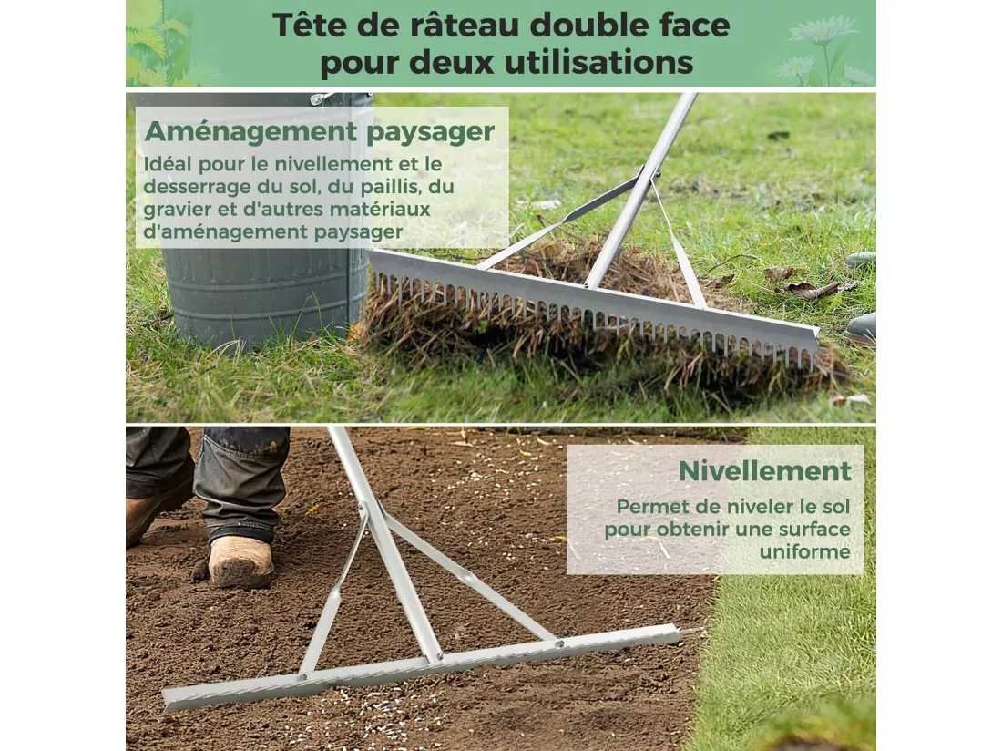 Râteau de Jardin en Aluminium avec Large Tête de 91 cm, Rateau de Paysage avec Manche de 174 cm de Long et 36 Dents, Outils de Jardin pour Bord du Lac Étang et Plage
