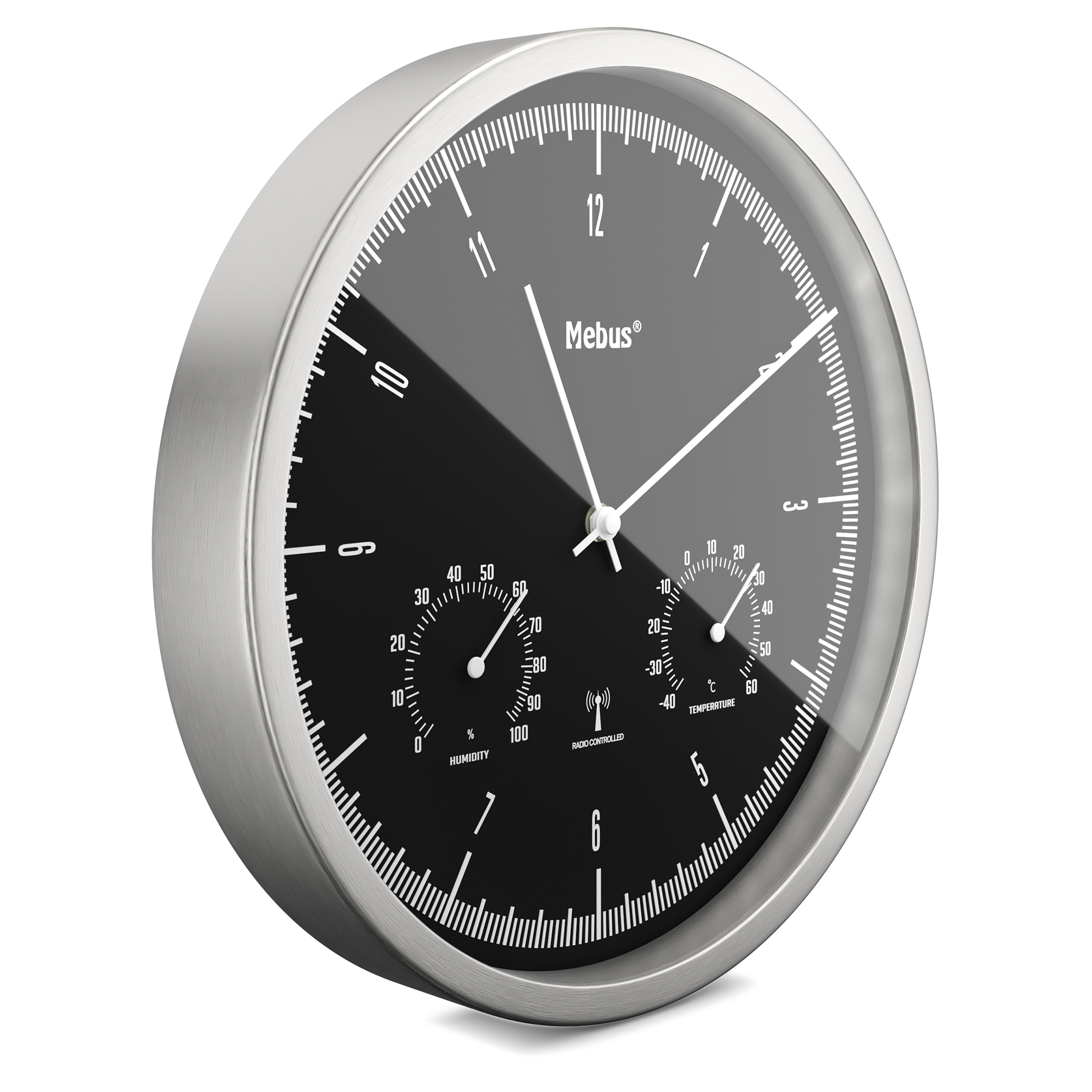 MEBUS Funk-Wanduhr - silber-schwarz - Thermo-/Hygrometer - Ø 25 cm