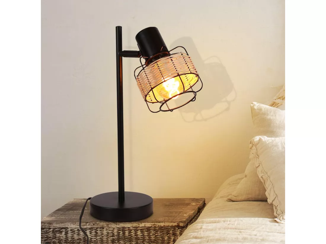 NETTLIFE lampe de table lampe de chevet vintage lampe rétro salon noir en rotin métal E27