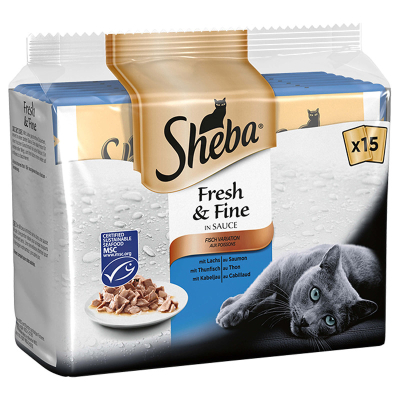 Sheba Fresh & Fine Fisch Variation mit Lachs, Thunfisch & Kabeljau 15x50g