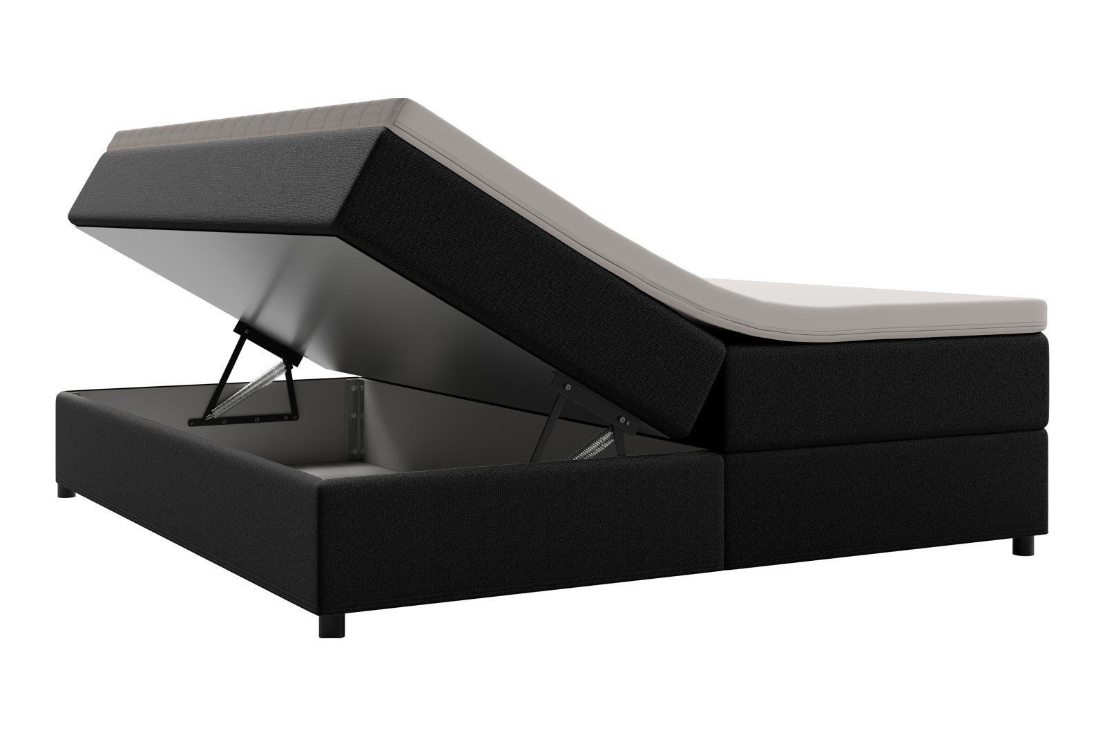 Premium 10 oppbevaringsseng 180x200 cm Magasinseng med oppbevaring, åpnes fra siden. I tekstil terranova 1 sort, med medium fasthetsgrad og premium 10 overmadrass,sorte ben. Sengegavl selges separat.