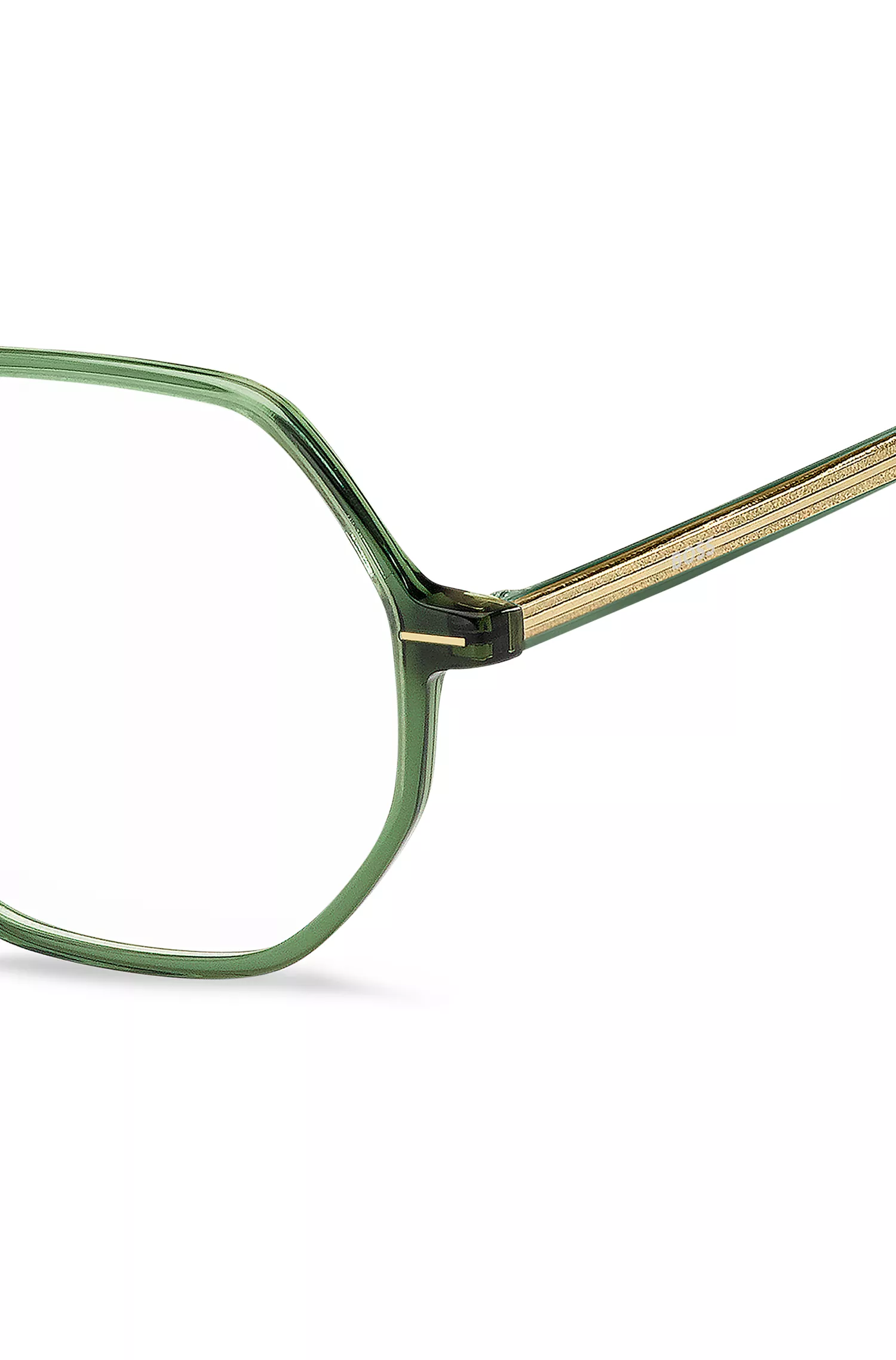 Armação de óculos BOSS em acetato preto e verde com hastes de metal listradas.