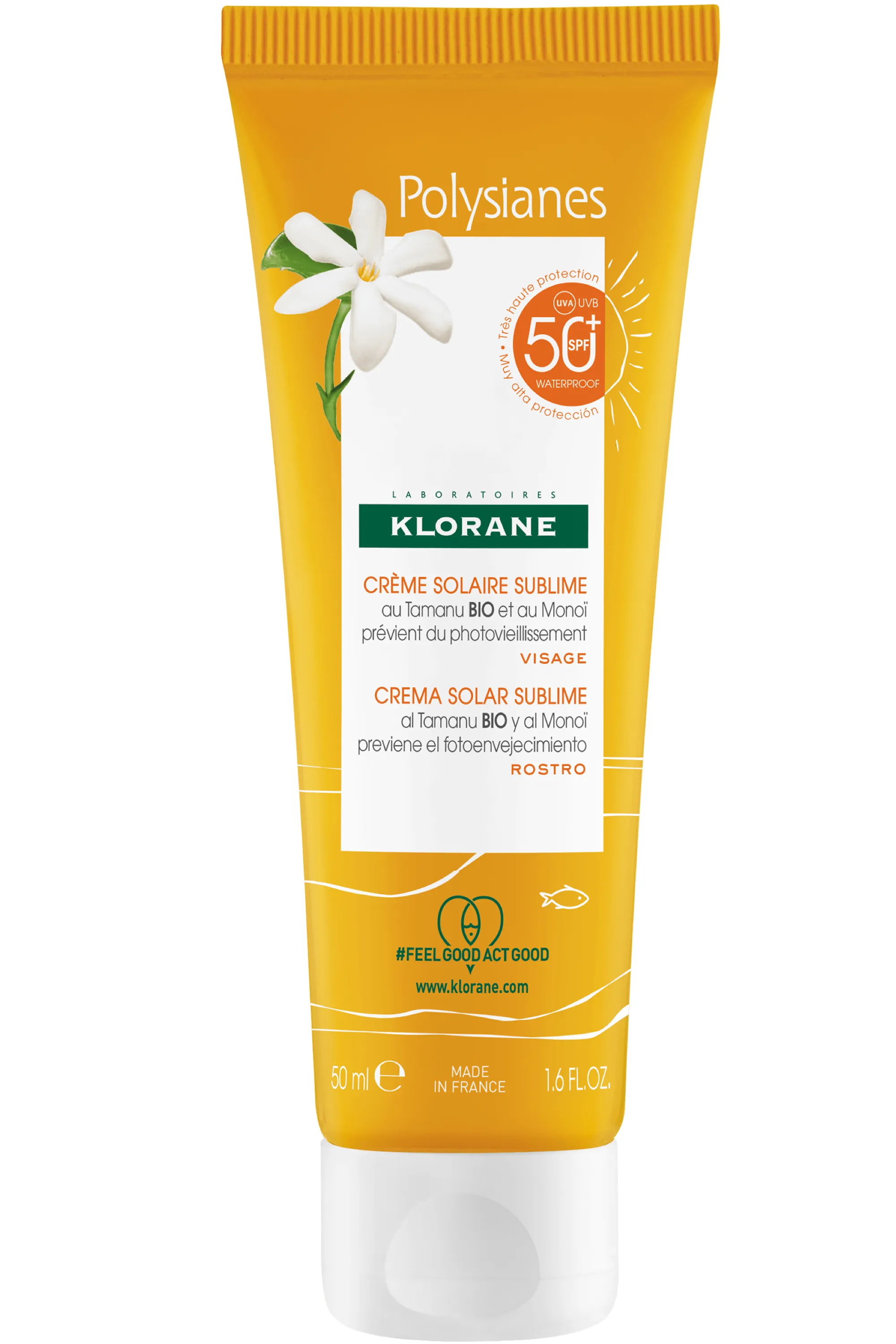 Klorane Crème solaire sublime SPF 50 au Tamanu bio et Monoï-50 ml
