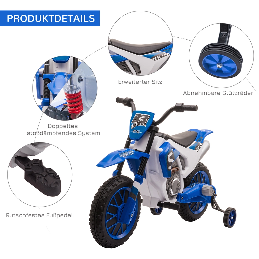 HOMCOM Kinder Elektromotorrad mit 2 abnehmbaren Stützrädern blau