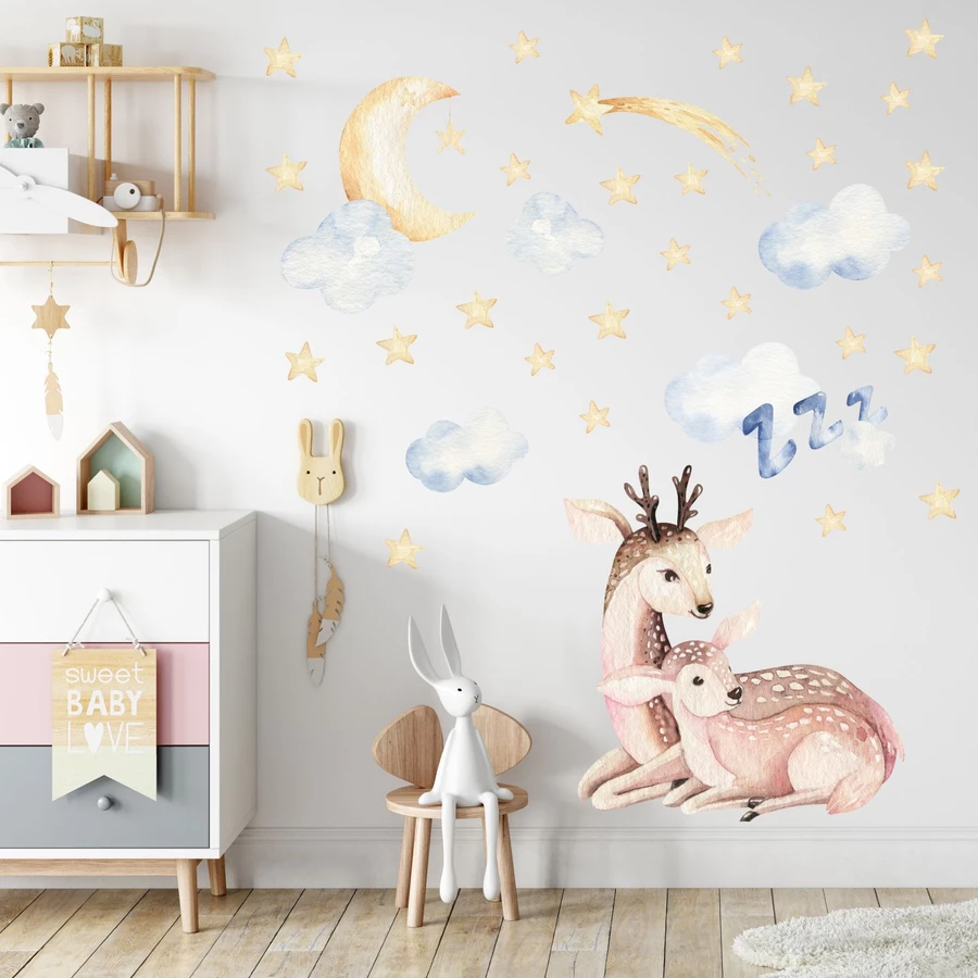 Nikima Wandtattoo 183 Reh mit Kitz - Wolken, Mond und Sternen in 6 vers. Größen bunt