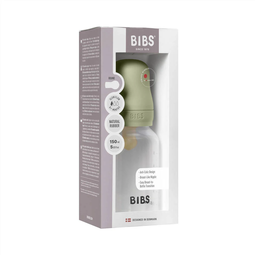 BIBS Babyfles 150 ml - Sage - met latex speen en opvouwbare trechtertje