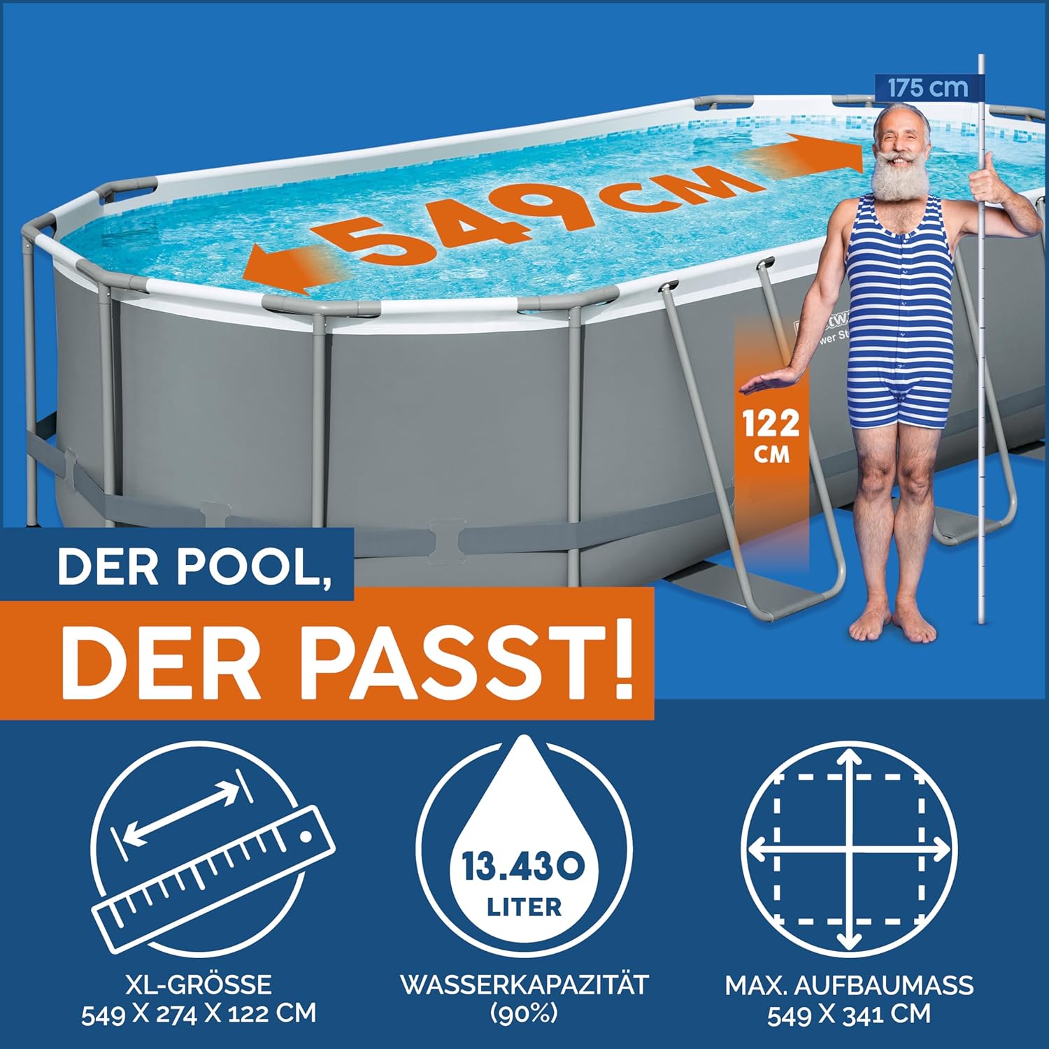 Bestway Steel Pro MAX Frame Pool Komplett-Set, 549 x 274 x 122 cm, 13.430 L, TriTech-Material, Filterpumpe, Sicherheitsleiter, Abdeckplane, Fliesenmosaik, einfacher Aufbau, langlebiger Stahlrahmen