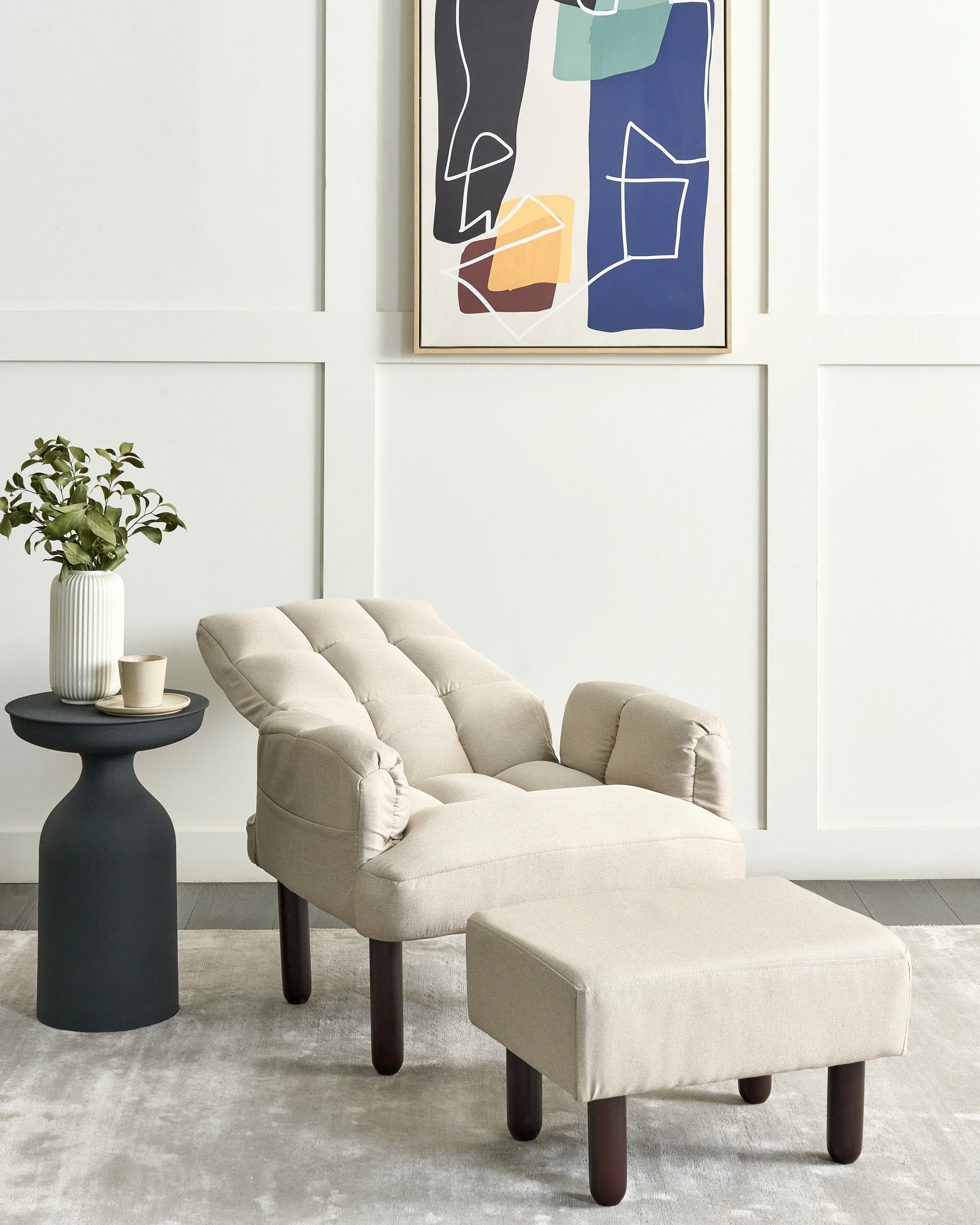Relaxfauteuil OLAND met voetenbank Kunstlinnen Lichtbeige