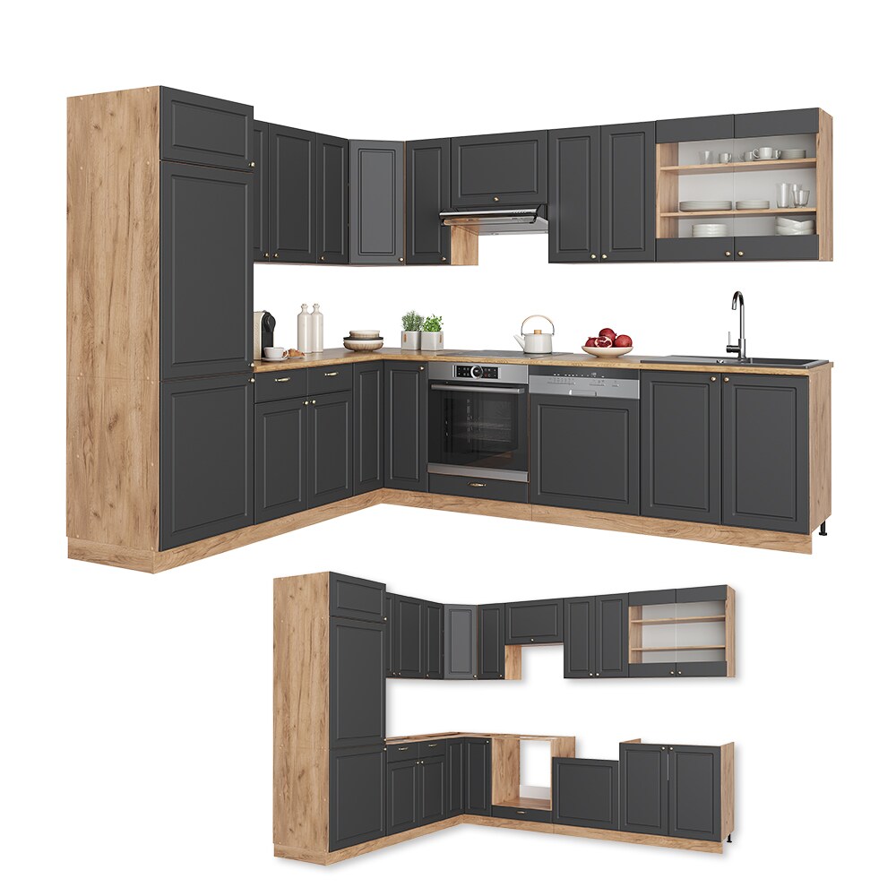 Vicco Eckküche Küchenzeile Einbauküche Fame-Line Landhaus Eiche Anthrazit Gold227x287 cm Spülenunterschrank Schubunterschrank Eckunterschrank Herdumbauschrank Hängeschrank Kühlumbauschrank