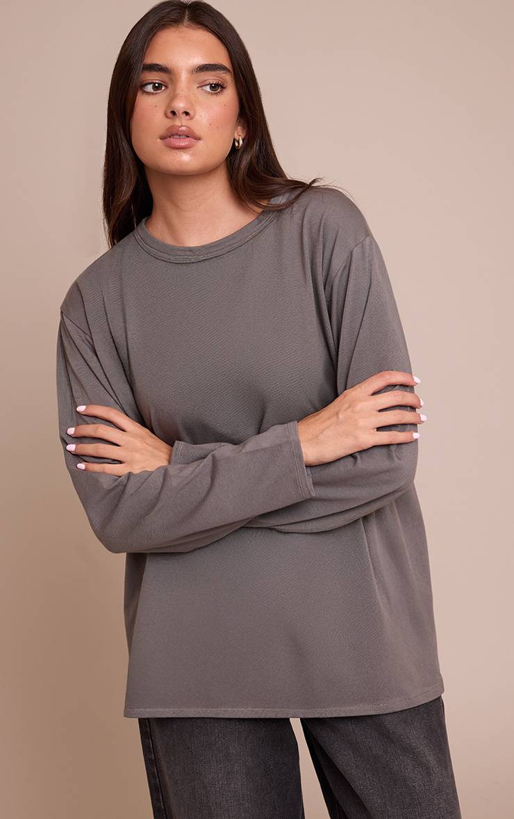 Charbon T-shirt Basique Oversize En Coton À Manches Longues
