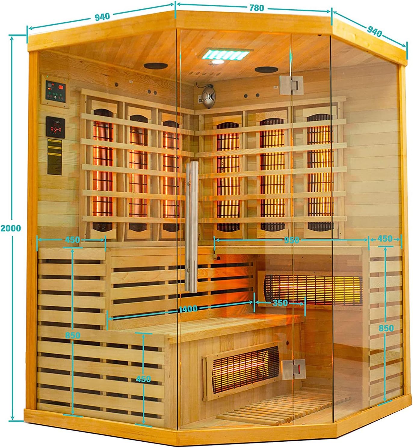 Elbe Infrarotkabine HYGGE für 3-5 Person aus Hemlockholz, 150x150x200 cm，8 Vollspektrumstrahler, 1 Carbonstrahler, Saunakabine mit Farblichtherapie, Ionisator und Audio System